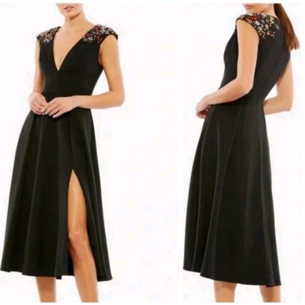 Ieena For Mac Duggal Cap Sleeved Midi Plunging V Neck Dress in Black 2 MSRP $398